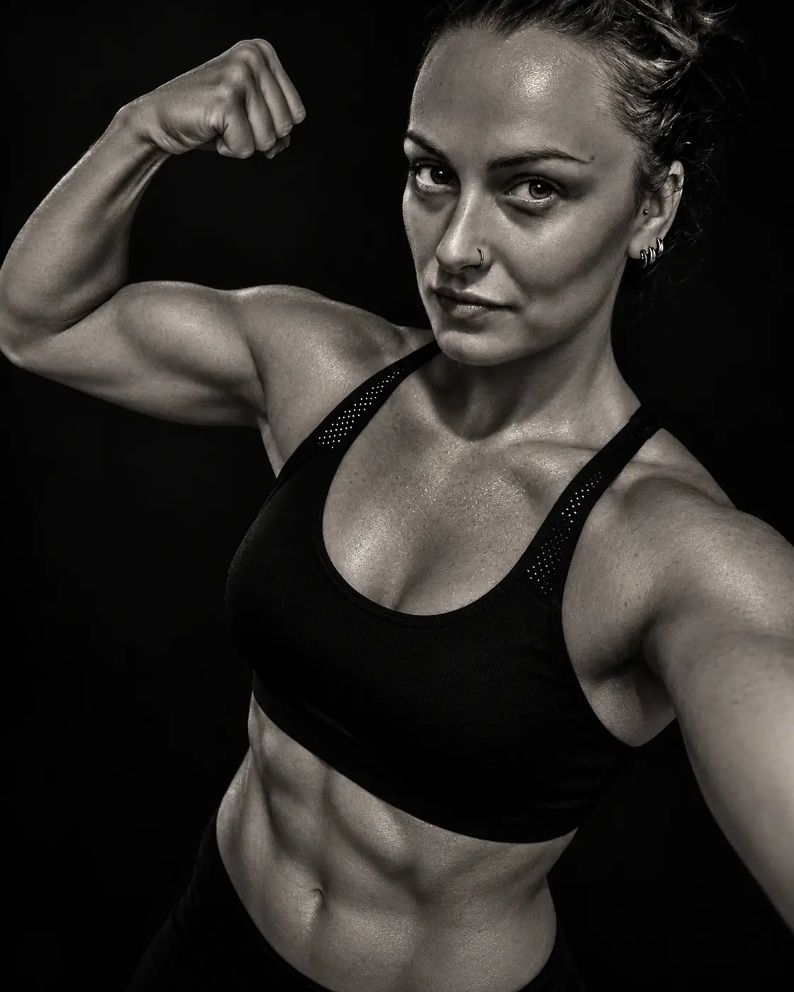 Portrait noir et blanc d’une femme sportive posant en selfie et montrant son bras musclé.
