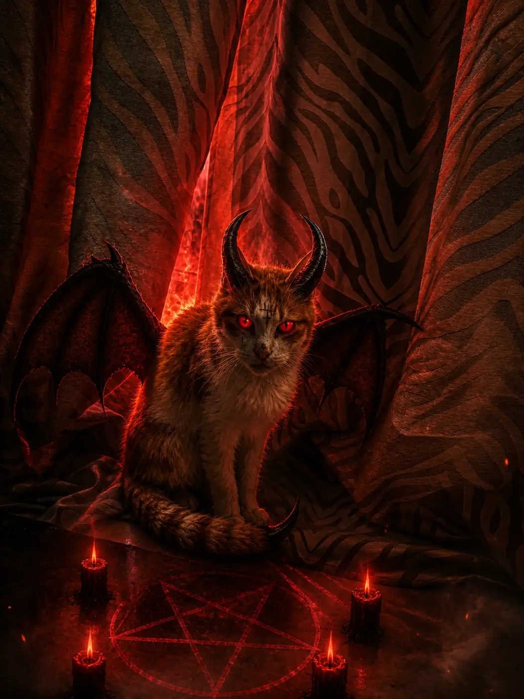 Photomontage fantastique d’un chat ailé aux cornes et yeux rouges dans une ambiance rouge ésotérique.