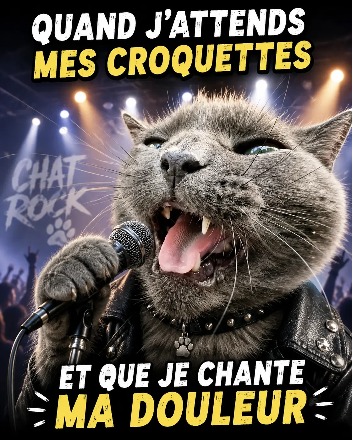 Création humoristique d’un chat rockeur chantant au micro sur scène avec un texte drôle sur les croquettes.