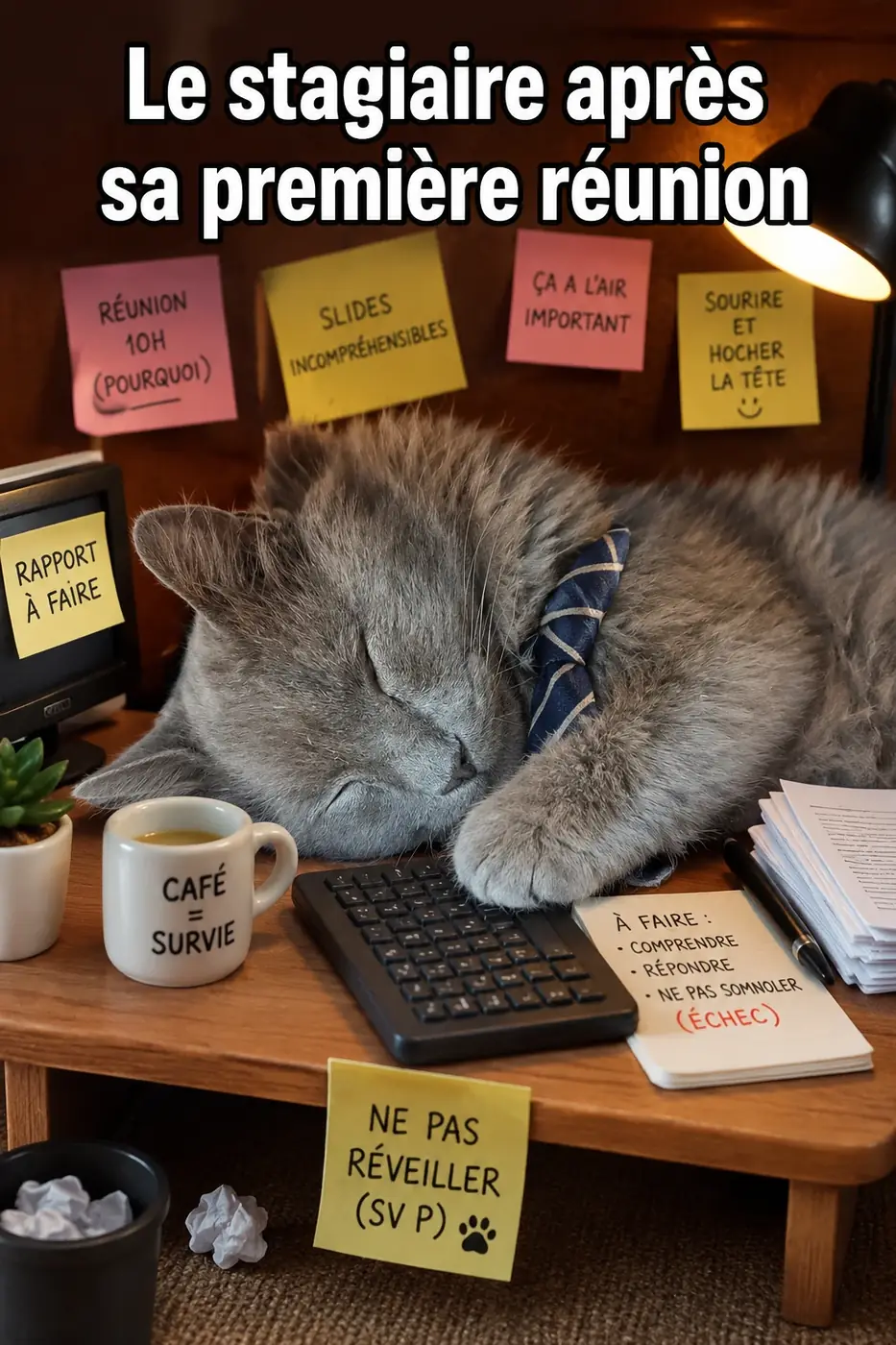 Visuel humoristique d’un chat endormi sur un bureau avec pense-bêtes et texte sur la première réunion du stagiaire.