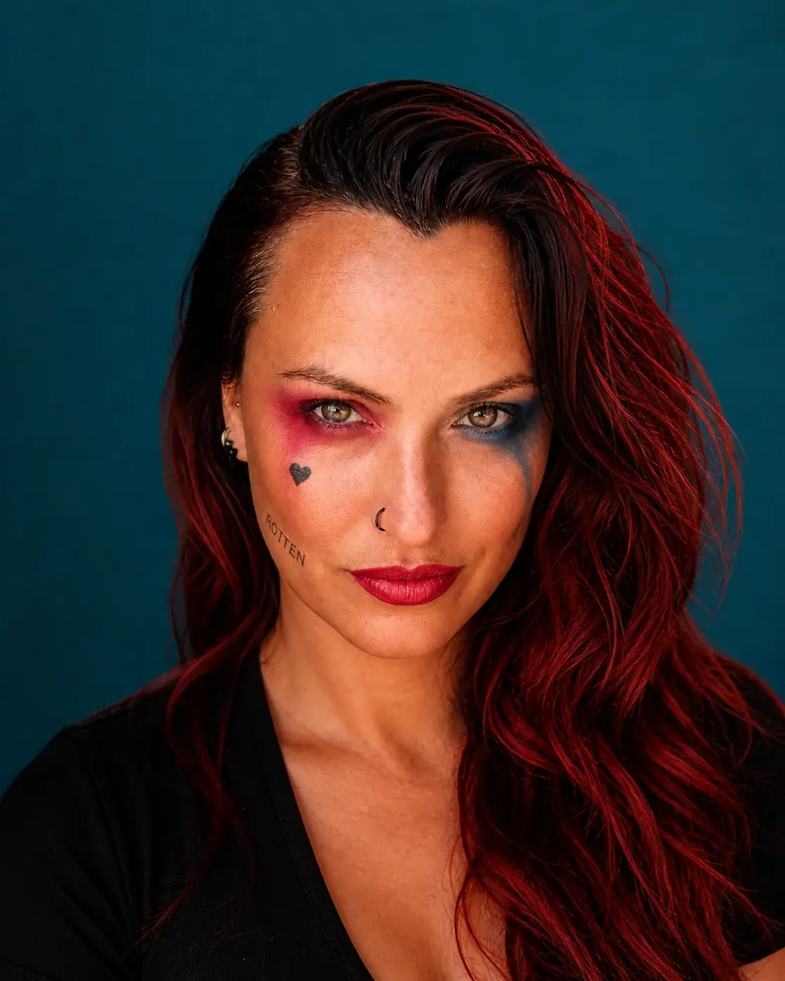 Portrait créatif d’une femme aux cheveux rouges avec maquillage rouge et bleu inspiré de Harley Quinn.