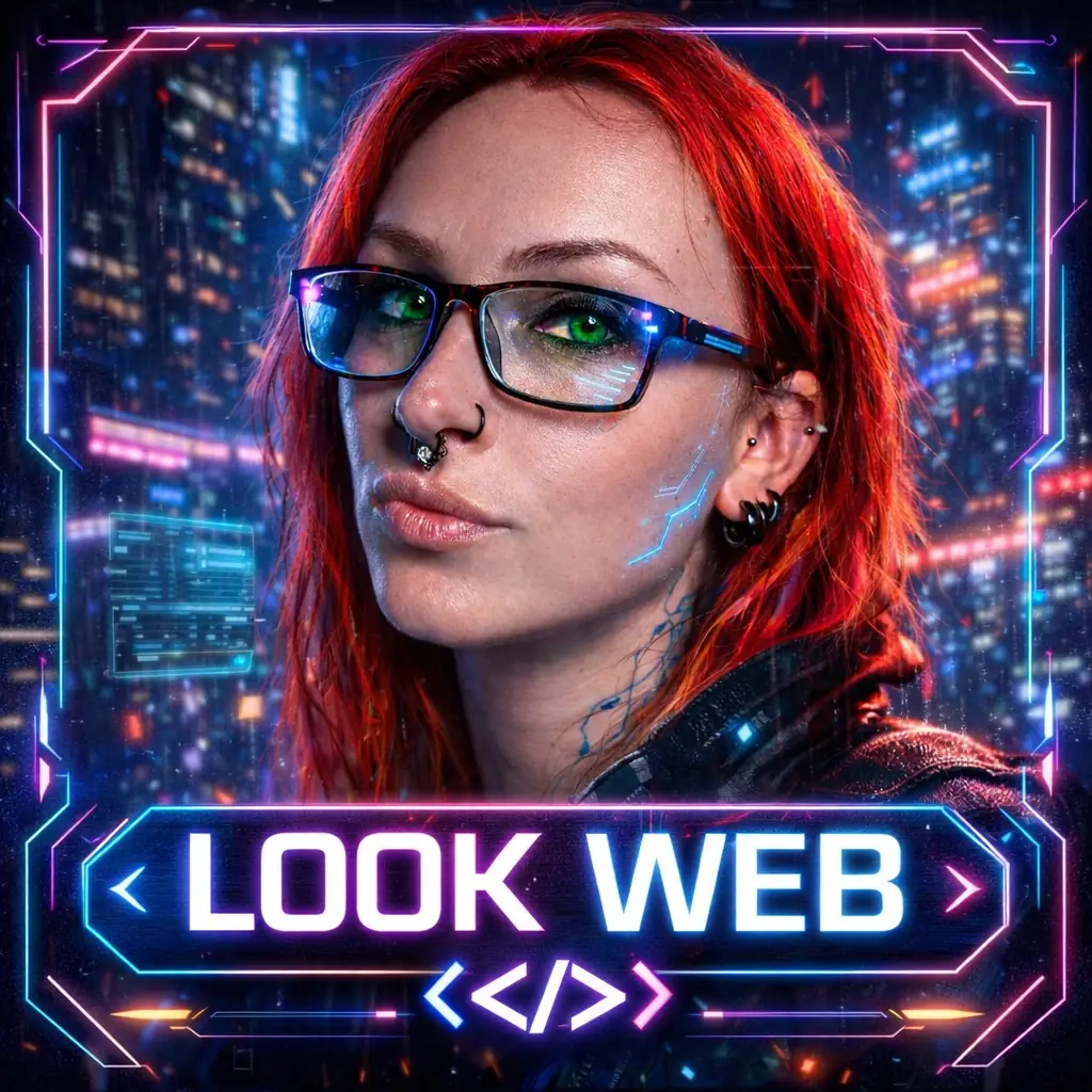 Visuel branding Look Web en style cyberpunk, avec portrait féminin aux cheveux rouges, lunettes et texte Look Web en néon.