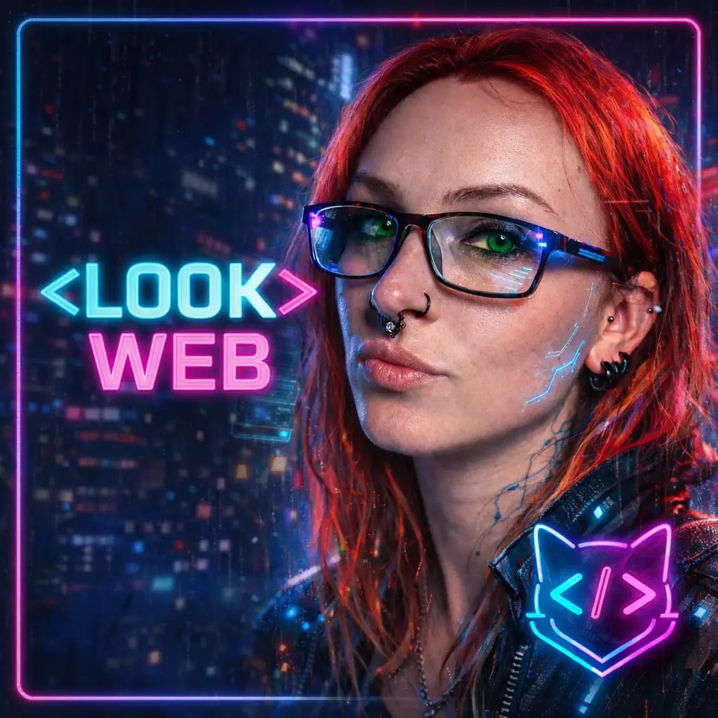 Visuel branding Look Web en style cyberpunk avec encadrement néon et icône chat en bas à droite.
