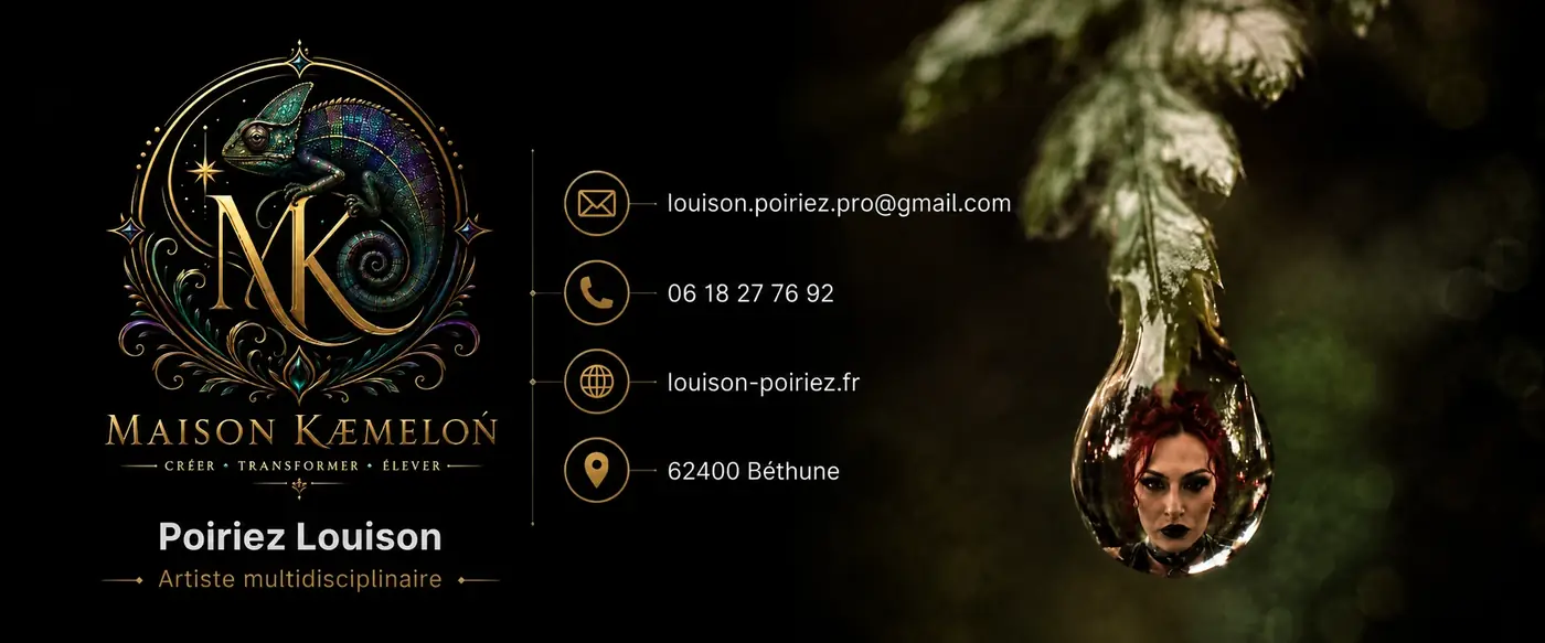 Carte de visite Maison Kæmeleon avec identité visuelle caméléon, coordonnées et univers élégant sombre.