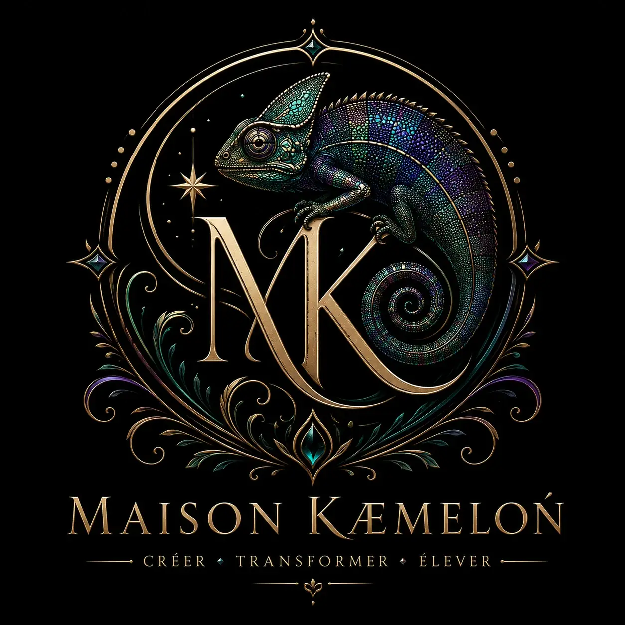 Logo Maison Kæmeleon avec monogramme NK, caméléon stylisé et détails ornementaux sur fond noir.