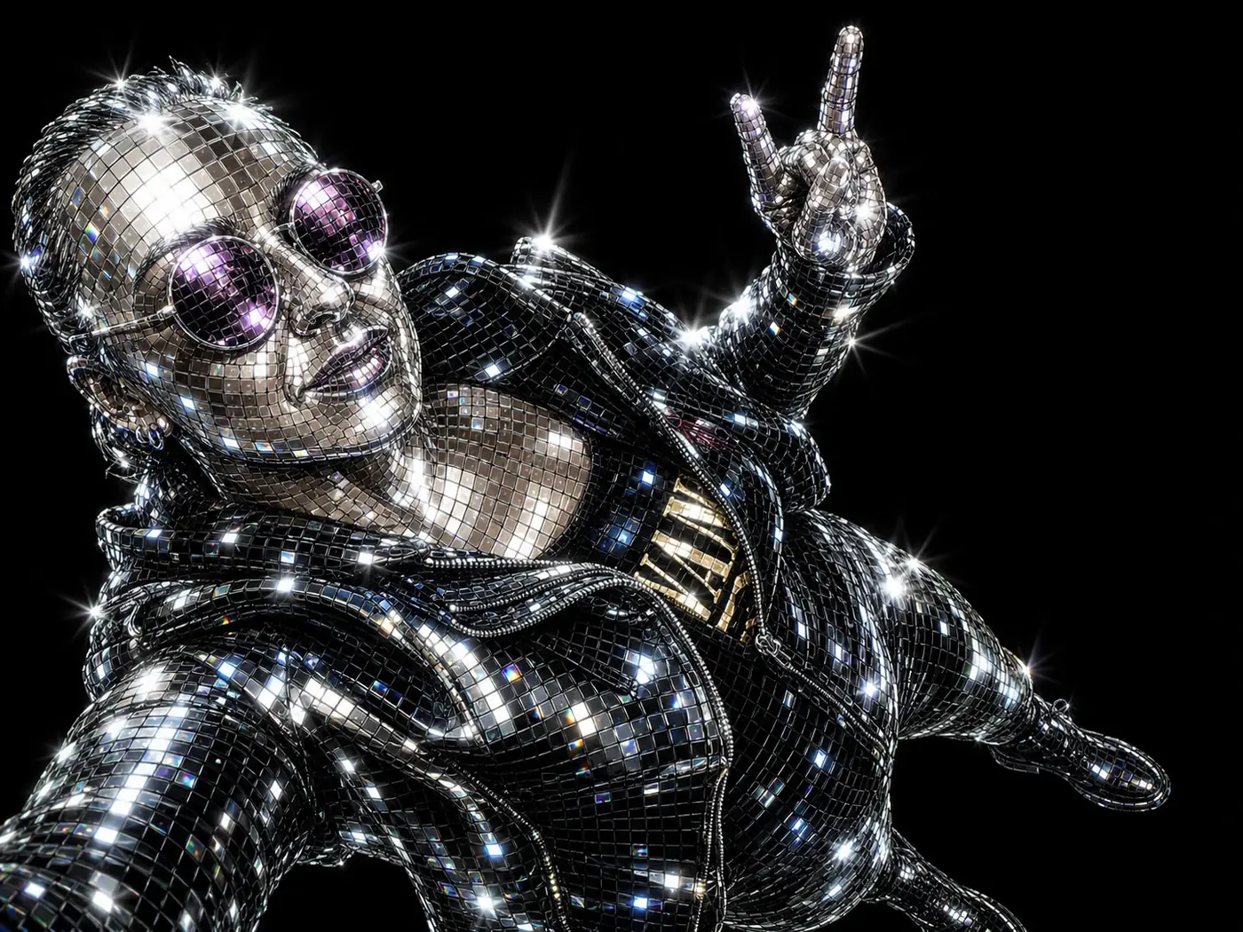 Portrait créatif effet boule à facettes argenté d’une personne en pose rock avec veste brillante et lunettes rondes.