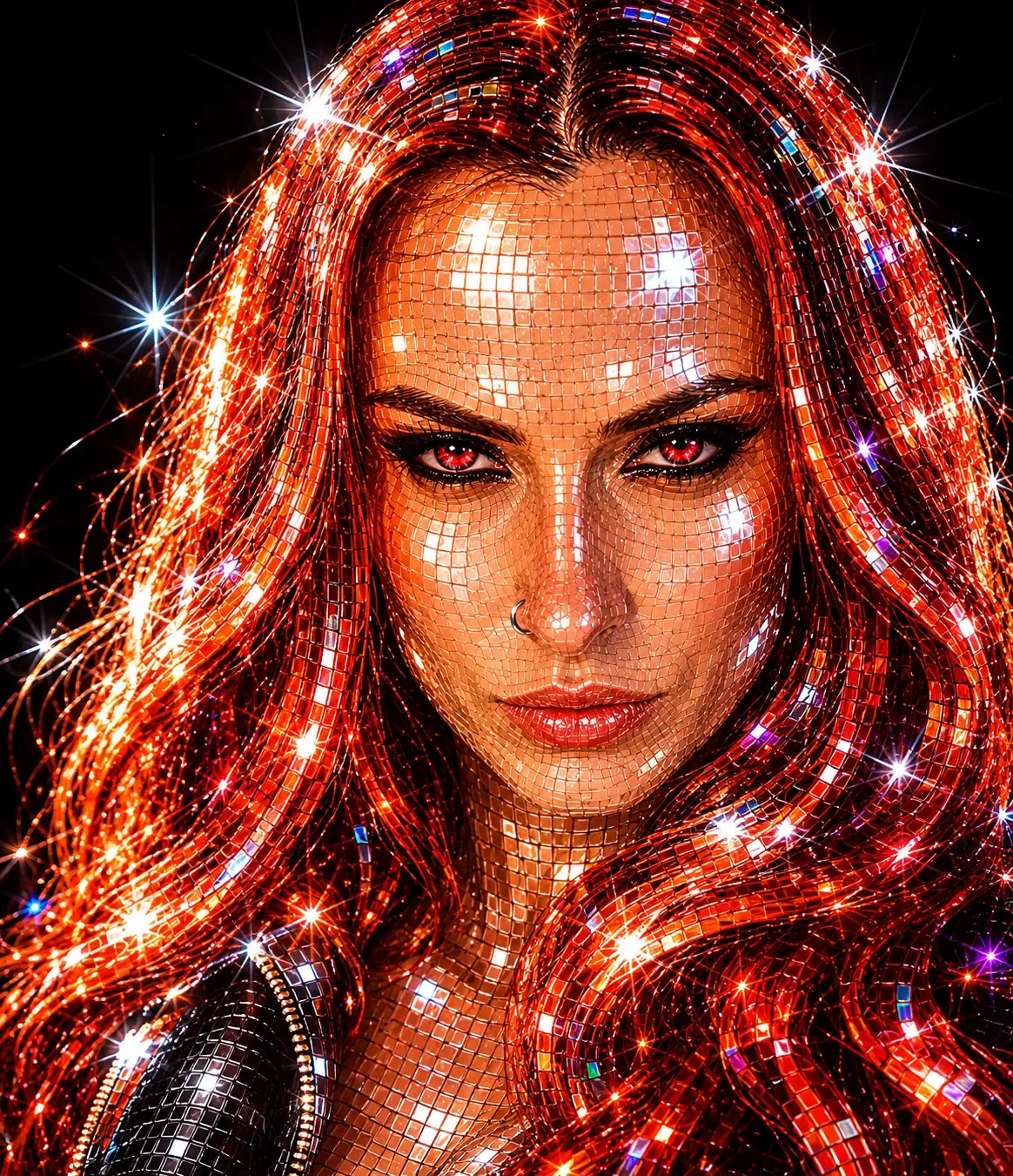 Portrait créatif d’une femme aux cheveux rouges avec effet boule à facettes et reflets scintillants.