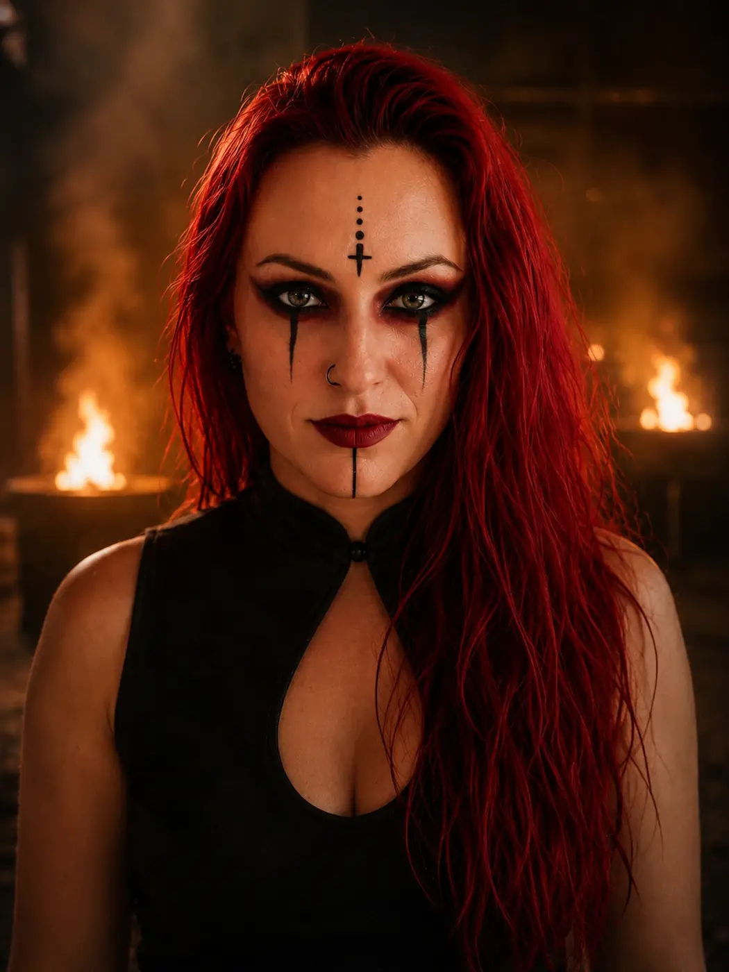 Portrait dramatique d’une femme aux cheveux rouges avec maquillage sombre et symboles noirs, devant des flammes.