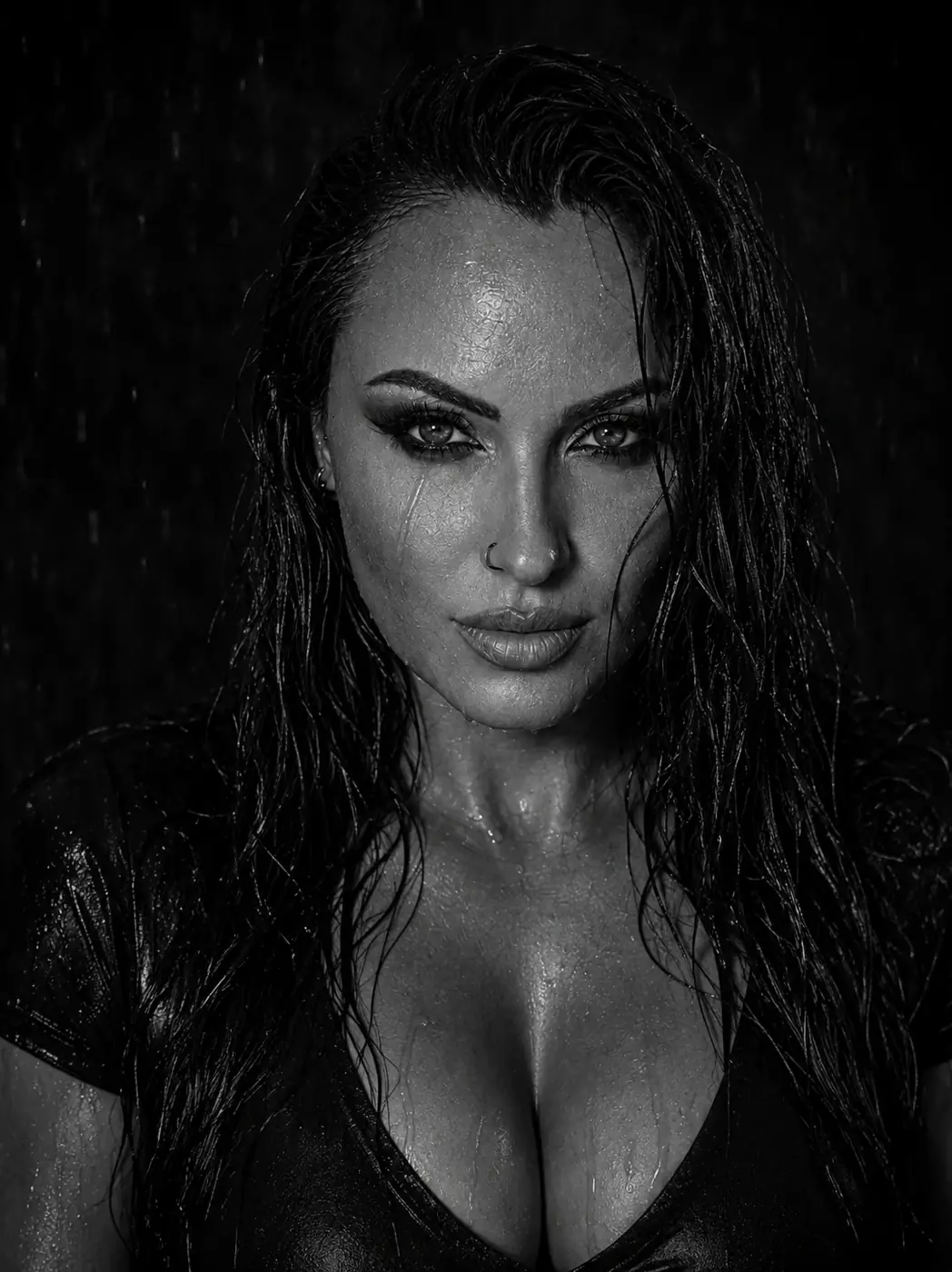 Portrait noir et blanc d’une femme sous la pluie, regard intense et vêtements mouillés.