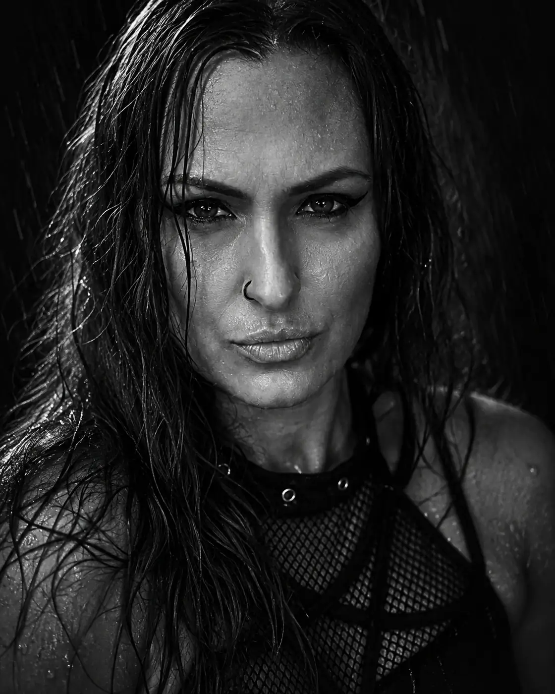 Portrait noir et blanc d’une femme sous la pluie, cadrage serré et regard frontal.