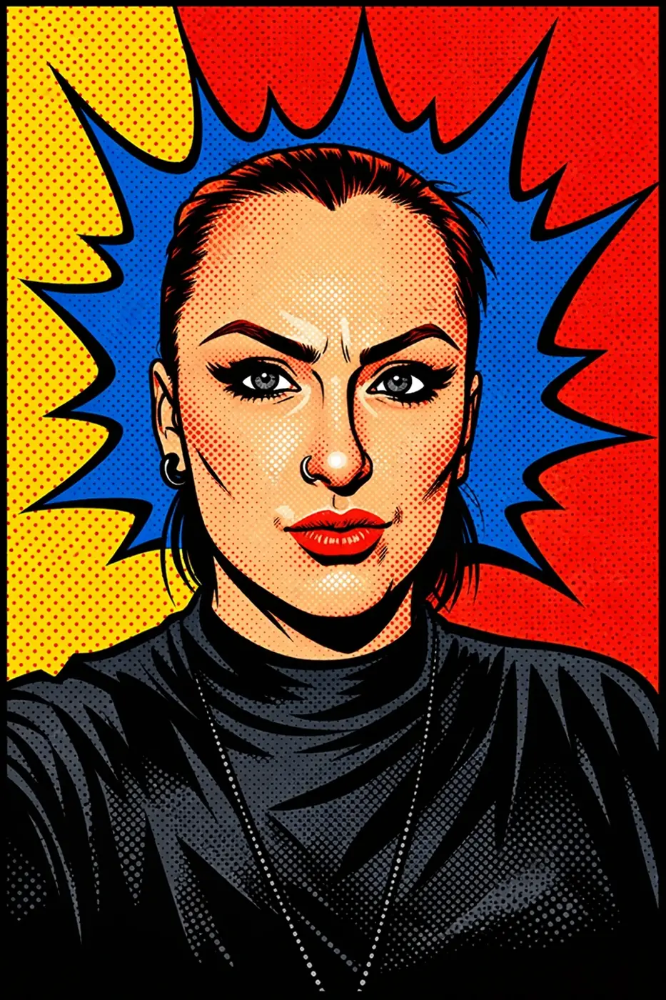 Illustration pop art d’un portrait féminin sur fond graphique rouge, jaune et bleu avec trame BD.