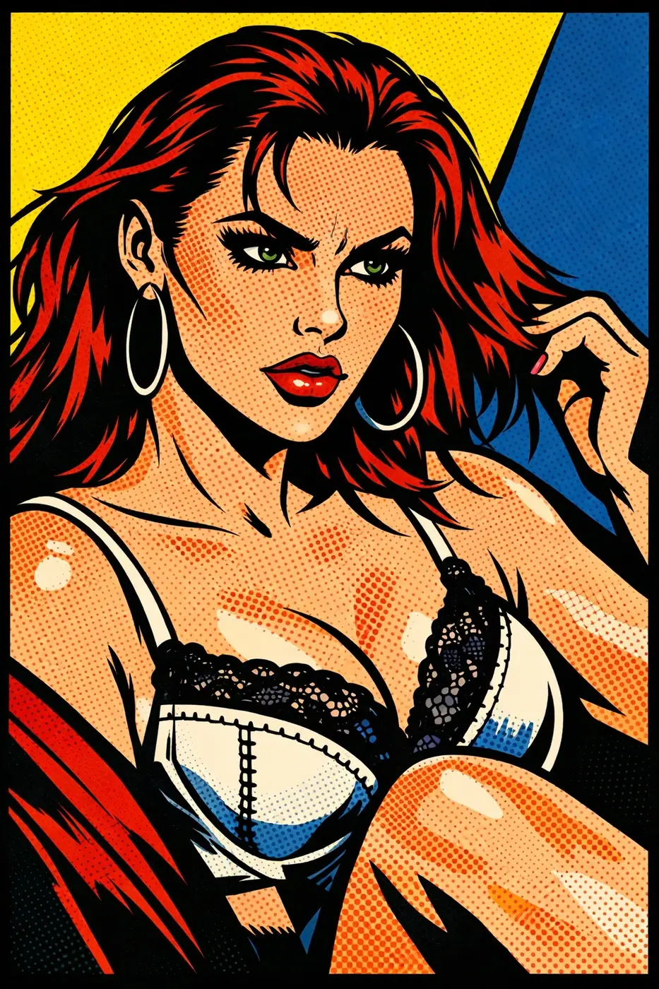 Illustration pop art d’une femme rousse avec boucles d’oreilles et haut blanc, dans une palette vive rouge, jaune et bleue.