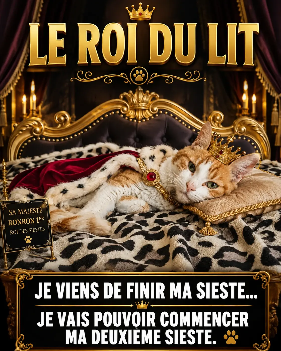 Création humoristique représentant un chat couronné allongé dans un lit royal avec un message décalé sur la sieste.